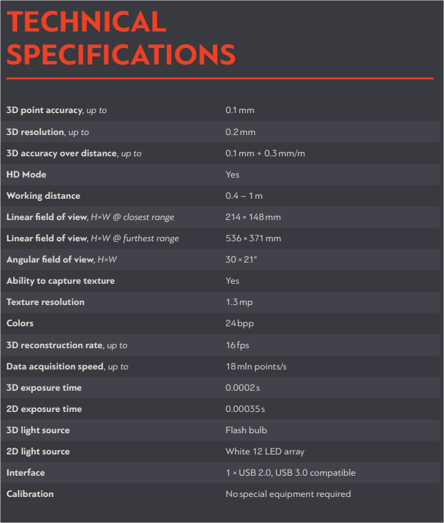 scanner 3D ARTEC EVA specifiche